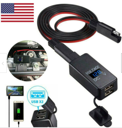 Motorcycle SAE to USB Cable Adaptor Dual USB Cell Phone Charger & LED Voltmeter