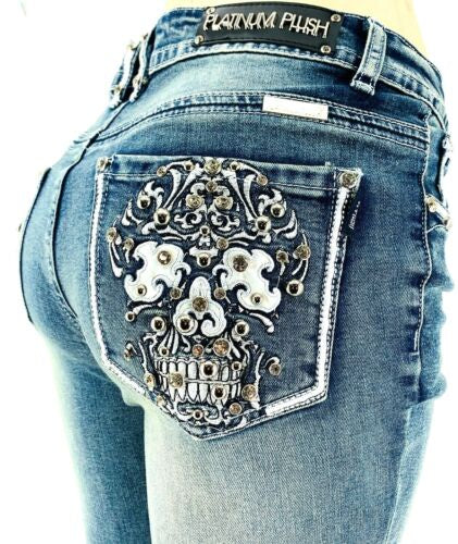 Platinum Plush Ladies Sugar Skull Pocket Denim Boot Cut  Size 9